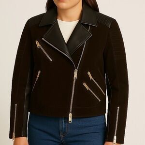 Mango Brown Suede Bomber Jacket Gold Zip Accents Leather Panels Moto Aviator S